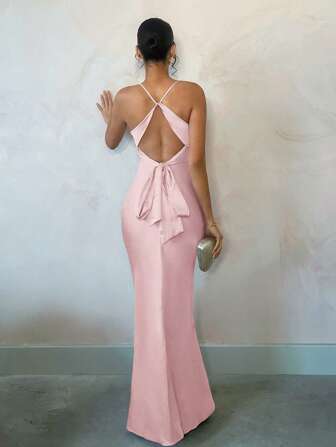 SHEIN BAE Summer Seaside Beach Vacation Elegant Solid Aprikos Smooth Satin Sexig Open Back Bow Maxiklänning, Lämplig för daglig dejting, utekväll, Nattklubb, Fest, Gala, Cocktailparty, Poolparty, Semesterklänning