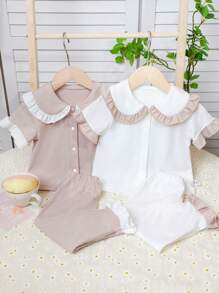 4Pcs/Set Baby Girls Soft Smooth Comfortable Solid Color Outfit With Ruffled Collar, Sleeve Cuffs And Hem In White And Khaki, Including Short Sleeve Cardigan And Matching Pants, Simple Classic Style With Vintage Vibe - Multicolor - View 4