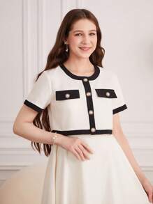 Conjunto de 2 piezas de vestido camisero de línea A ajustable y chaqueta de manga corta tejida elegante para adolescentes, de verano - Albaricoque - Ver 5