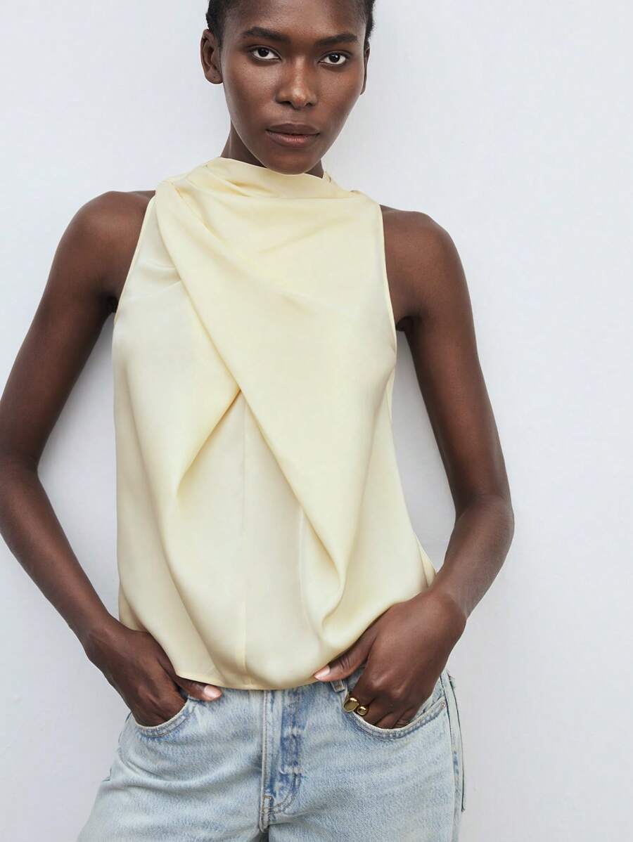 Maija Women's Pale Yellow Summer Elegant Office Satin Tank Top,Standing Collar Ruched Front Middle Pleats,Back Button Placket,Loose Fit Sleeveless Blouse - Yellow - View 1