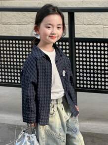 Dazy Kids 年轻女孩格子印花卡通刺绣休闲长袖衬衫，秋装 - 藍色 - 查看 8