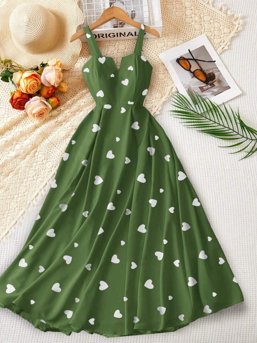 Franclia Women's Wide Shoulder Strap Full Heart Print Valentine's Day Vacation Date Elegant And Cute V-Neck Waist A-Hem Simple Casual 2025 New Long Dress - Green - View 1