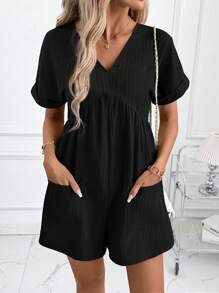 SHEIN Clasi Peto de manga corta con escote en V y estampado de ola verde jacquard para mujer, conjunto elegante para usar a diario o de vacaciones, primavera/verano