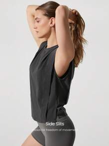 GLOWMODE Washed Pima Cotton Effortless Wide Shoulder Deep Two Layer Armhole Side Slits Muscle Tank Top Gym Training Daily Casual Wear