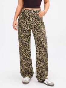 SHEIN EZwear Leopard Print Pocketed Casual Straight-Leg Jeans