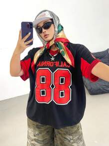 Flirla Camiseta de manga corta con estampado gráfico, cuello de canalé y talla grande