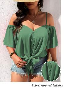 SHEIN LUNE 大码时尚休闲复古V领露肩系带衬衫女夏季衬衫夏装女装女士加大码正式服装 - 綠色 - 查看 7