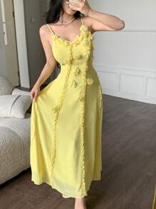 Modelyn Yellow Floral Mesh Sleeveless Dress - Yellow - View 6