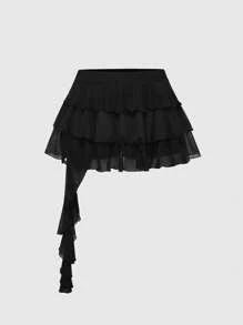 ROMWE Grunge Punk Sexy Punk Music Festival Party Raves, Women Plus Size Multilayer Asymmetrical Leopard Print Elastic Mesh Half Slip Skirt, Spring Break Concert