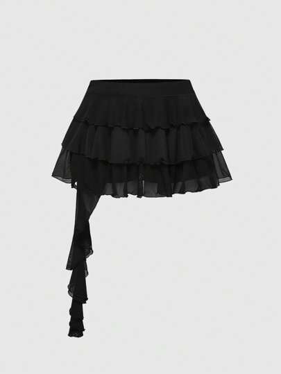 Grunge Punk Sexy Punk Music Festival Party Raves, Women Plus Size Multilayer Asymmetrical Leopard Print Elastic Mesh Half Slip Skirt, Spring Break Concert