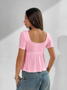 SHEIN EZwear Women's U-Neck Short Sleeve Solid Color Tee, Simple And Fashionable, Suitable For Summer Pink - Pink - View 2