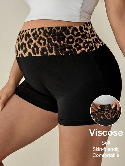 SHEIN Maternity Leopard Print Elastic Waist Summer Casual Shorts Biker Shorts