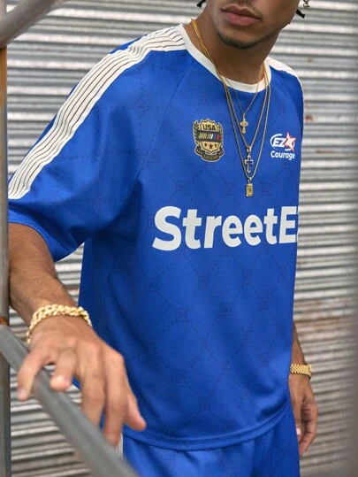 AXEPEAK 2 件男士套装：圆领插肩袖宽松数码印花 T 恤和抽绳短裤