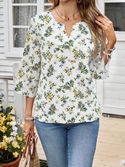 EMERY ROSE Casual Printed Fashion Loose 3/4 Sleeve Women Blouse, Summer Floral Blouse Women V Neck Blouses For Women