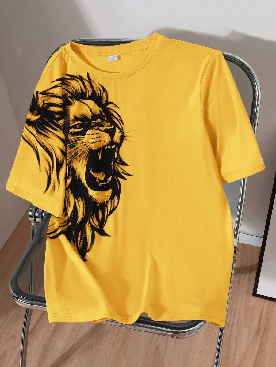SHEIN Casual Lion Graphic Short Sleeve T-Shirt For Teen Boys, Suitable For Summer - Yellow - View 1