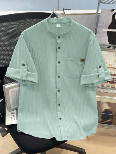 SHEIN 1 件青少年男孩休闲立领口袋纹理面料百搭百搭绿色衬衫