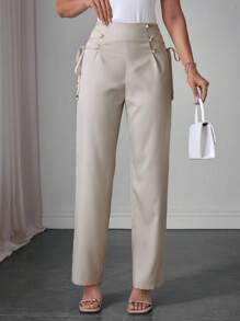 Modelyn 女式侧系腰喇叭直筒裤 - 米色 - 查看 6