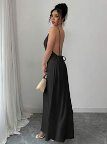 Rafferiza Elegant Solid Color Backless Dress, Summer - Black - View 6