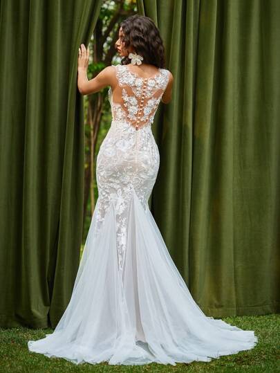 Glamrae Elegante y lujoso vestido largo de tul con escote en la espalda, cola de pez, bordado con perlas y lentejuelas, diseño sexy adecuado para bodas, despedida de soltera, vacaciones, galas formales, luna de miel, novia