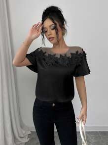 Elenzga Lace Patchwork Short Sleeve Dress, Fashionable For Summer