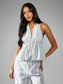 MISSGUIDED Summer Resort Stripe Halter Top Cross Back Tie Cinched Waist Tank Vacation Beach Party Coastal Cruise Travel Sleeveless Blouse Spring Essential - Multicolor - View 1