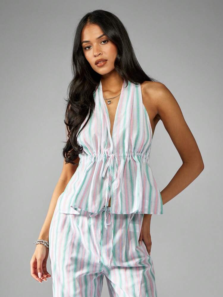 MISSGUIDED Summer Resort Stripe Halter Top Cross Back Tie Cinched Waist Tank Vacation Beach Party Coastal Cruise Travel Sleeveless Blouse Spring Essential