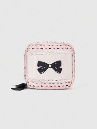 Kawaii Bolsa de cosméticos portátil y con gran capacidad, decorada con moño rosa lindo y femenino, pequeña bolsa cuadrada 497276