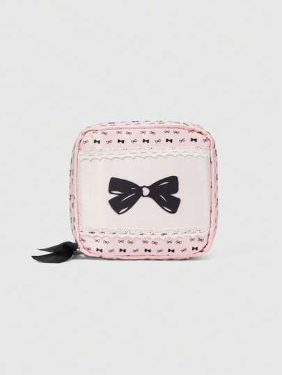 Kawaii Borsa cosmetica portatile imbottita e con grande capacità, decorata con fiocchi rosa carini, borsetta quadrata piccola 497276