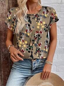 EMERY ROSE Women Floral Print Batwing Sleeve Blouse, Summer - Brown - View 7