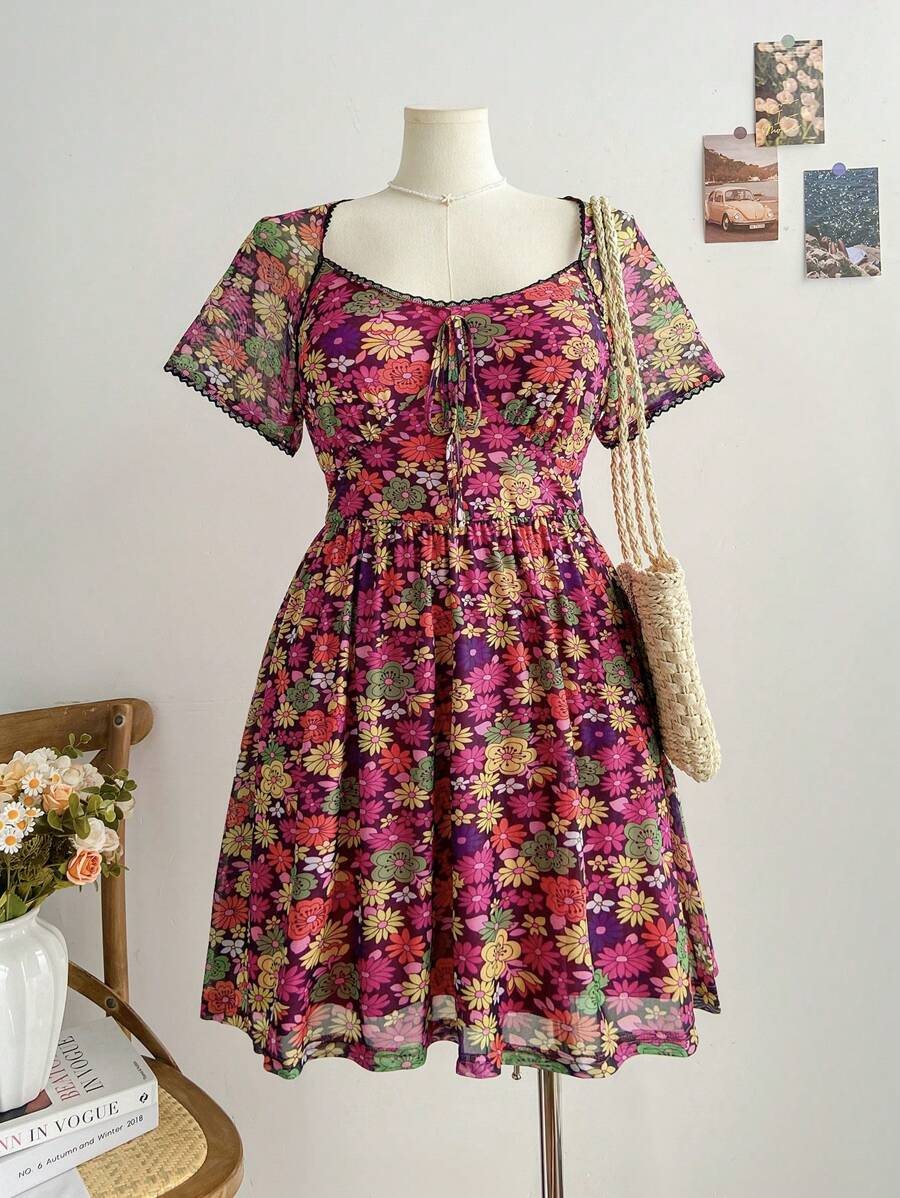 Soleia Váy du lịch họa tiết hoa vải lưới Boho cỡ lớn cho mùa hè - Nhiều màu - Xem 1