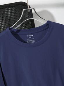 INAWLY Plus Size Summer Casual Solid Color Round Neck Short Sleeve T-Shirt - Navy Blue - View 3