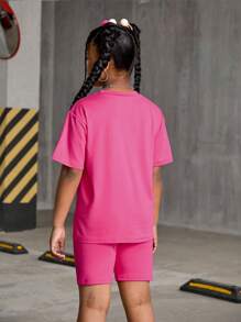 SHEIN 6pcs/Set Girls Casual Street Style Bear Racing Car Letter Graphic Print Short Sleeve Top And Shorts 2 Pieces Set