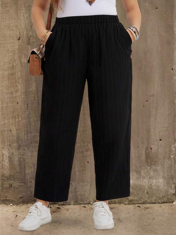 EMERY ROSE Plus Size Women Casual Straight Leg Black Pocket Ankle Pants, Summer,Summer Pants