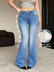 SHEIN EZwear Women Elastic Skinny Flared Jeans,Aqua Blue,Summer,Casual,Everyday Athable Denim Pants For Graduation,Vacation,Country Concert,Old Money - Blue - View 2