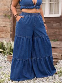 EMERY ROSE Plus Size Loose Fitting Versatile Tiered Denim Pants - Dark Wash - View 5