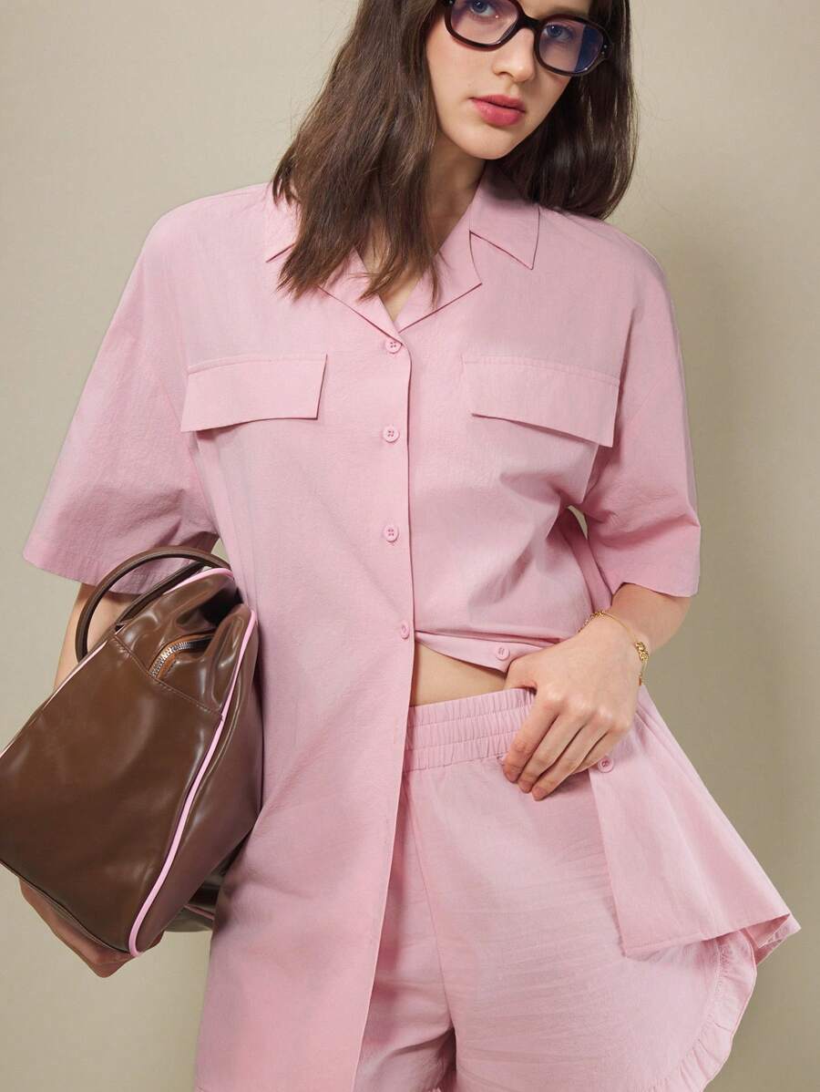 Muvela 2pcs Women Pink Loose Shirt With Ruffle Hem Shorts Set, Ladies Elegant Summer Outfit - Pink - View 1