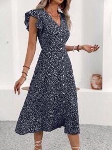 Breezaya Vestido casual de manga corta con estampado floral aleatorio para mujer, vestido largo