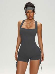 Easithlete Women's Athletic Jumpsuit, Black Drawstring Romper, Yoga & Sports - Dark Grey - View 5