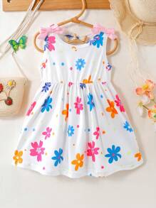 Baby Girl Cute Elephant Floral Print Simple Dress, Fashionable Design Suitable For Summer - White - View 3