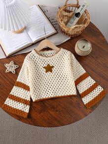 Girls' Semi-Sheer Knitwear Sweater: Round Neck Long Flare Sleeves And Short Length With Brown Stripes Featuring A Star Applique On The Chest In Cropped Hollow Out Design - Brown - View 7