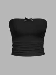 SHEIN EZwear 2 件套女士简约舒适褶饰抹胸短款上衣，适合夏季，蝴蝶结装饰 - 彩色 - 查看 5