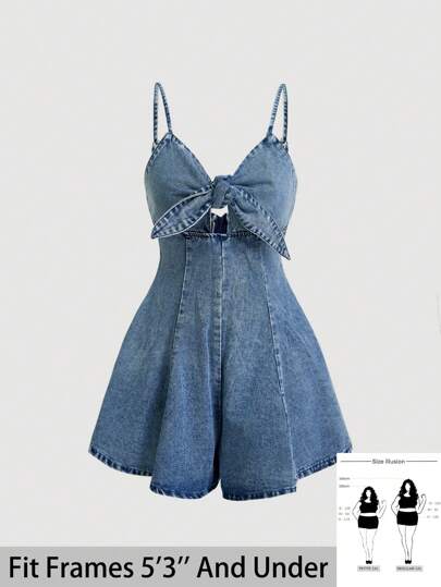 SHEIN PETITE CURVE Women Plus Size Blue Denim Romper With Knot Detail Summer Summer Outfits For Women Vacation Outfits Women Cowgirl Outfits For Women Western Wear Women Business Casual Woman Festival Airport Outfit For Women Graduation Outfit Ibiza Outfit Beach Outfits Hawaii Outfits Women Concert Outfits For Women Cruise Outfits Women Boho