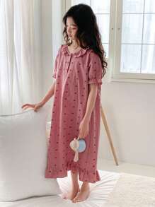 Dazy Kids 少女心形印花荷叶边下摆休闲短袖连衣裙家居服，女孩夏季服装，返校季复活节服装 - 粉色 - 查看 5