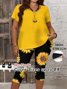 SHEIN CURVE+ 2 件女士加大码休闲度假套装，曲线加大，波西米亚风度假，适合外出的度假装 - 彩色 - 查看 1
