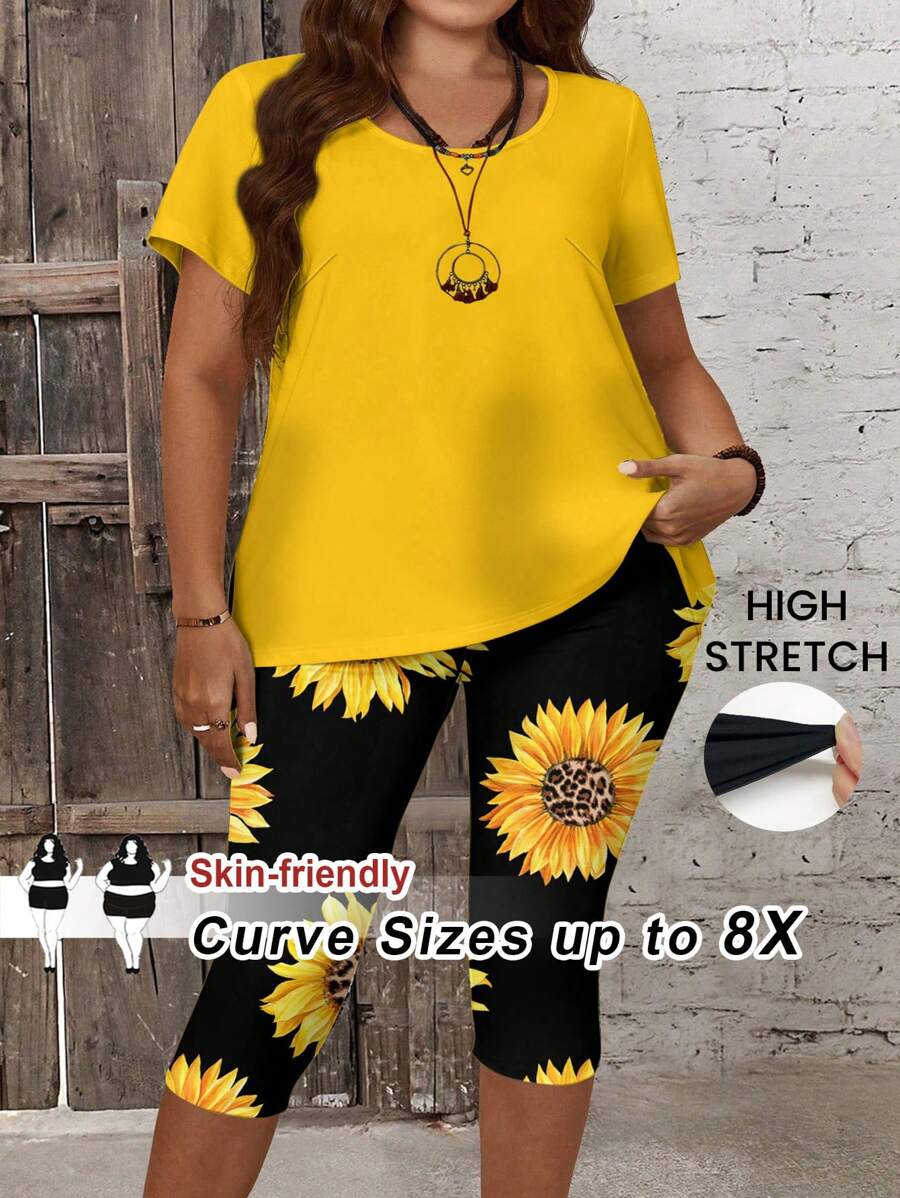 SHEIN CURVE+ 2 件女士加大码休闲度假套装，曲线加大，波西米亚风度假，适合外出的度假装 - 彩色 - 查看 1