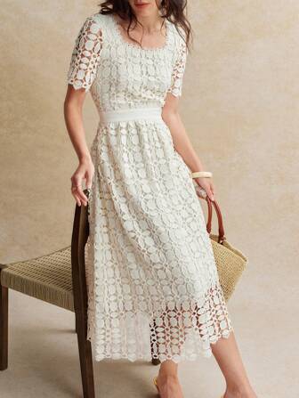 Écloséra 女式法式复古优雅方领短袖刺绣镂空连衣裙，春夏