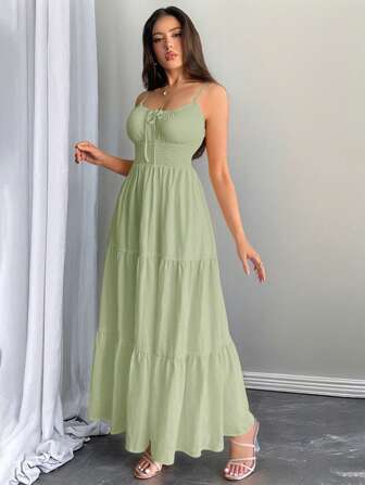 Firerie Women's Yellow Tie Waist Shirred A-Line Dress, Suitable For Commuting, Elegant, Sexy, Vacation, Beach, Hawaii, Romantic, Date, Valentine's Day, Concert, Wedding Season,Sun Dresses For Women,Mint Green Dress