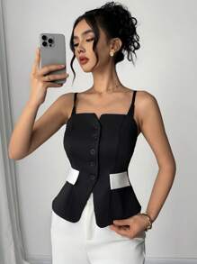 Ellevyn Women's Elegant Commuter Adjustable Strap Fitted A-Line Hem Slit Colorblock Camisole Tank TopSummer Mother's Day Graduation Church Brunch