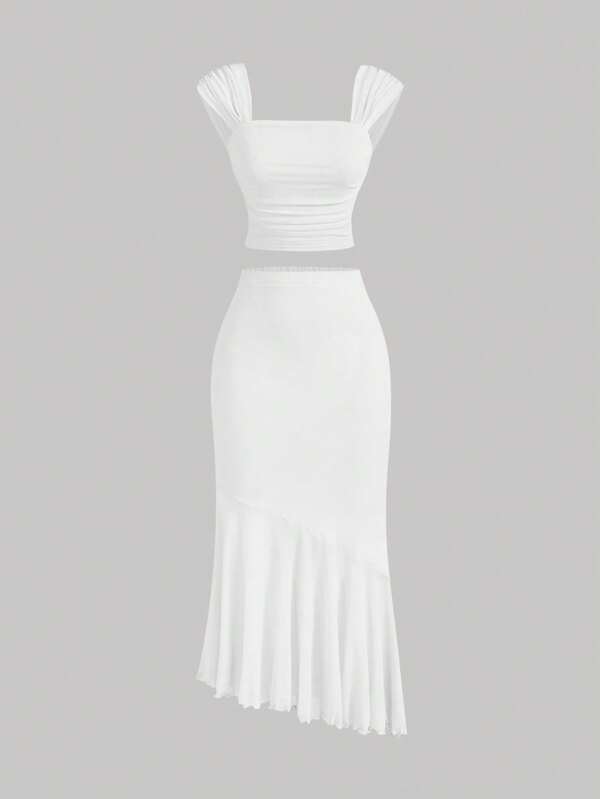 SHEIN MOD White Ruched Asymmetrical Hem Vintage Romantic Women's 2pcs Set, Party Outfit, Vintage Dress Evening Dress Old Money Style Bachelorette Dress Sexy Dress Birthday Outfit Cruise Women Outfits Homecoming Dresses