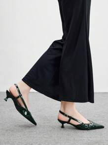 CUCCOO BIZCHIC Women's Fashion Pointy Toe Chain Link Exposed Heel Kitten Heel Pumps, Commute-Friendly - Dark Green - View 5